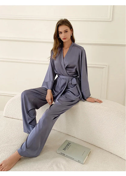 Women's Silky Satin Pyjama Set | Elegant Kimono Wrap Loungewear