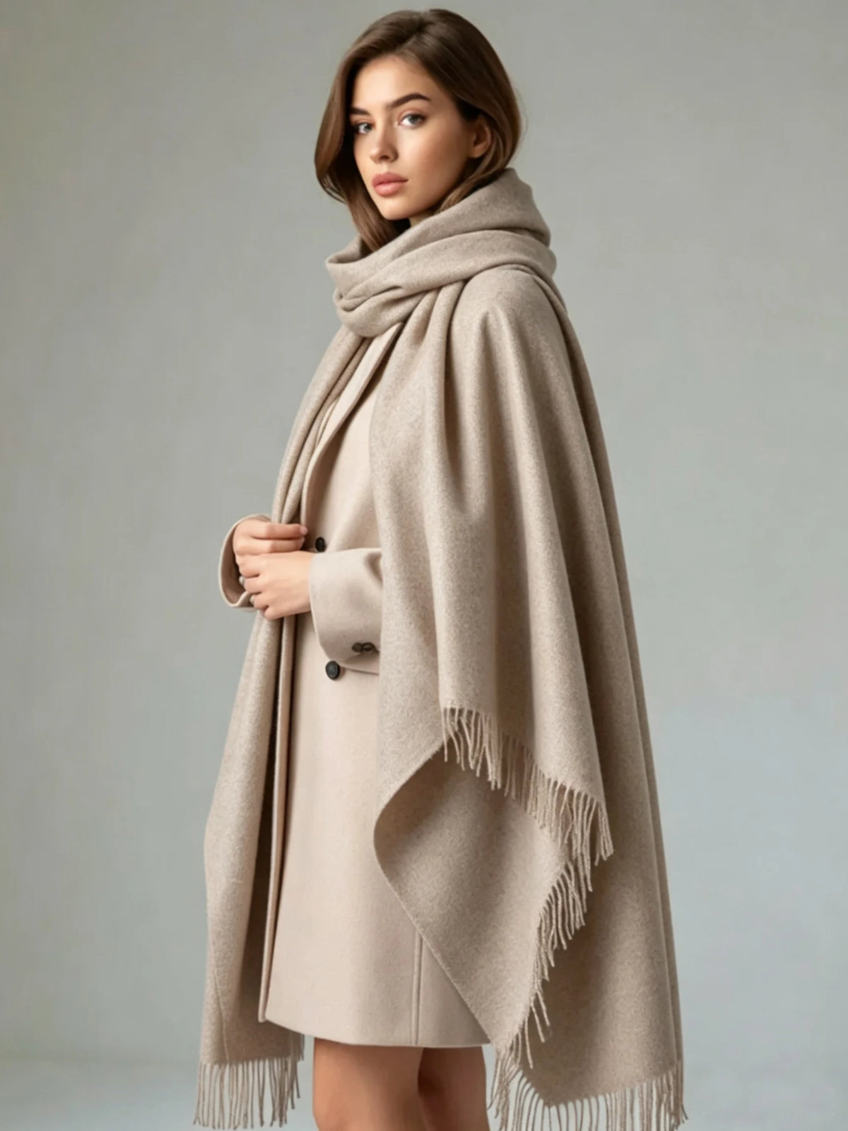 A woman wearing a light beige double-breasted coat with a matching fringed wrap shawl draped over her shoulders, posed against a neutral gray studio background.