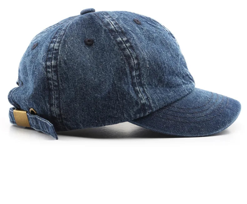 Blue denim baseball cap on a white background