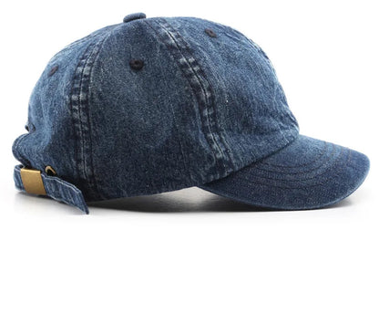 Blue denim baseball cap on a white background