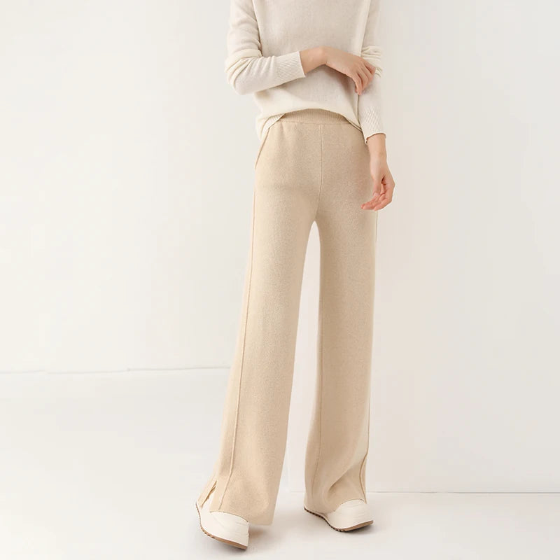 Women's Wide Leg Merino Wool Trousers | Knitted Soft Warm Pants