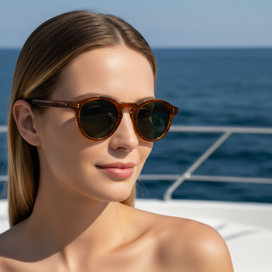 Woman wearing sunglasses with a blue ocean background