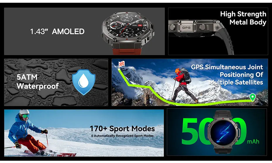 Men's T-Rex 3 GPS Smartwatch - 1.43" AMOLED, 5ATM Waterproof, Fitness Tracker for Men