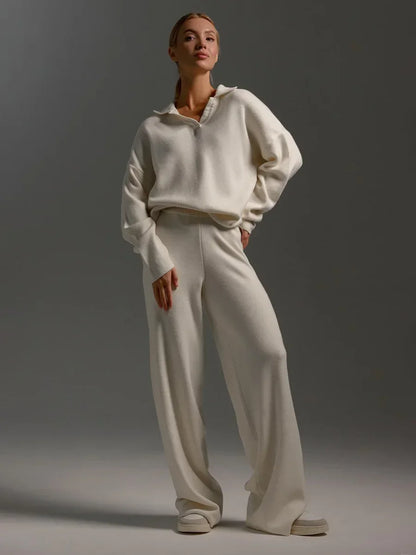 The Luxe Knit Co-Ord: Women's Polo Pullover & Wide Leg Pants Set
