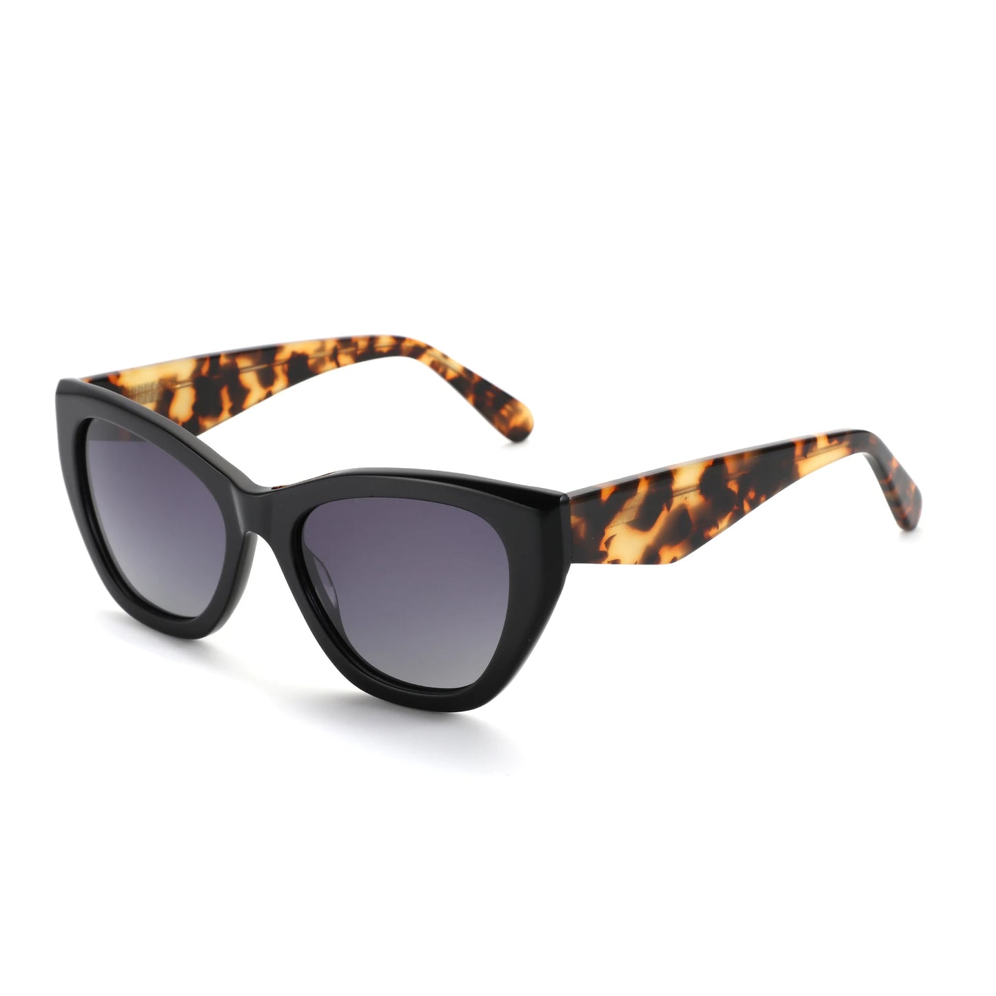 Sunglasses with black frame and tortoiseshell arms on a white background