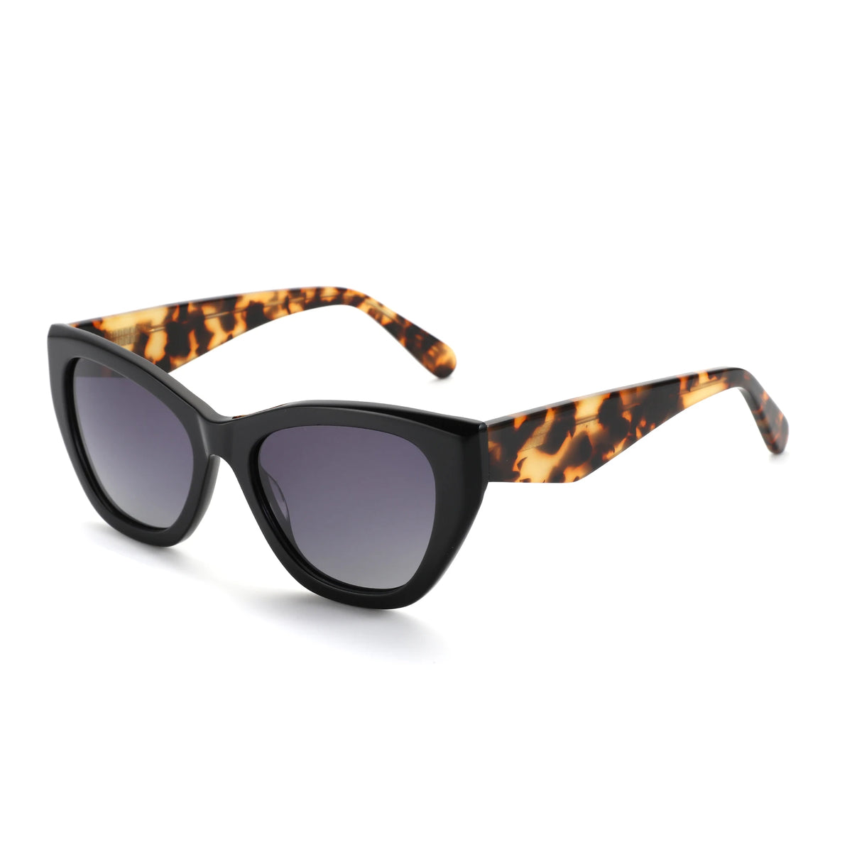 Sunglasses with black frame and tortoiseshell arms on a white background