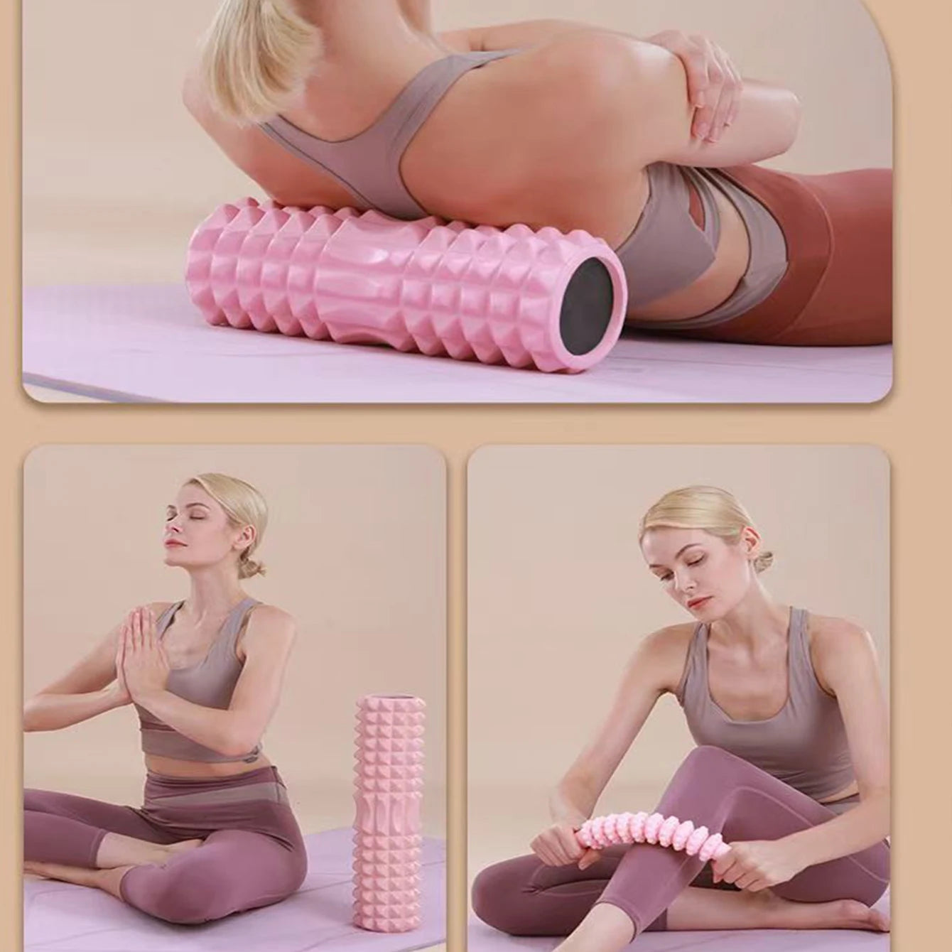 Woman using a pink foam roller in various poses on a beige background