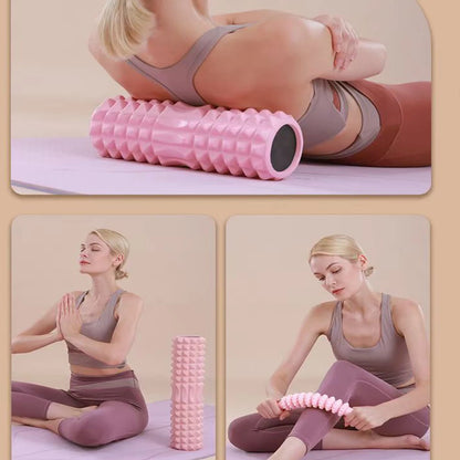 Woman using a pink foam roller in various poses on a beige background