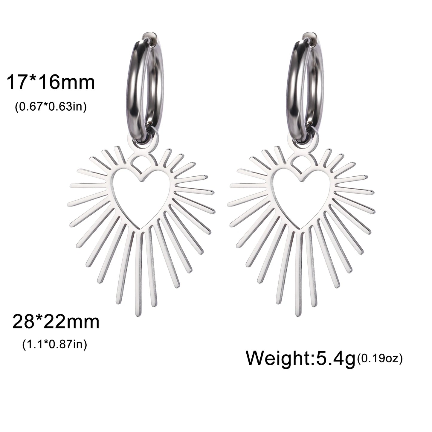 Geometric Heart Sun Pendant Drop Earrings