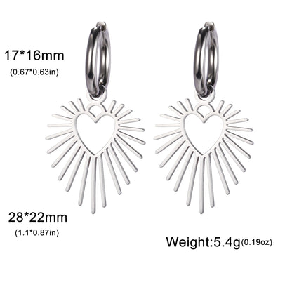 Geometric Heart Sun Pendant Drop Earrings