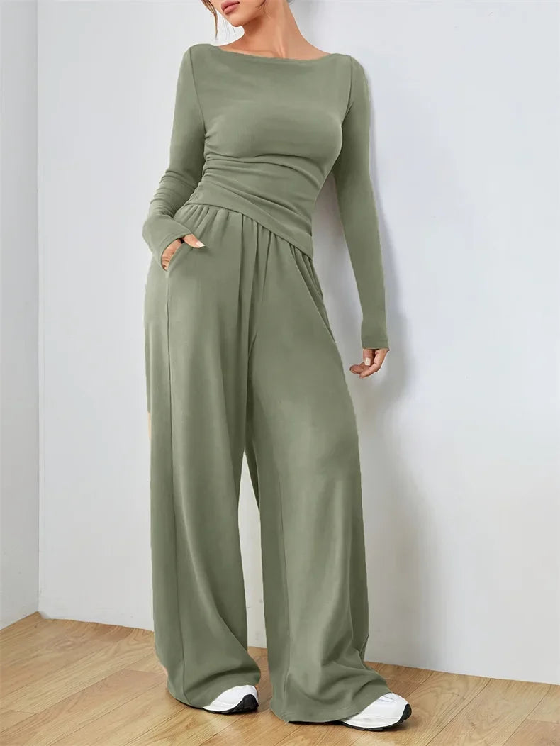 The Flow State Set: Effortless Chic Women's Two-Piece Wide-Leg Ensemble