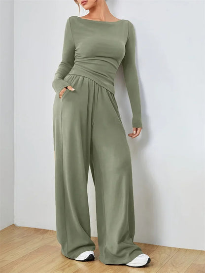 The Flow State Set: Effortless Chic Women's Two-Piece Wide-Leg Ensemble