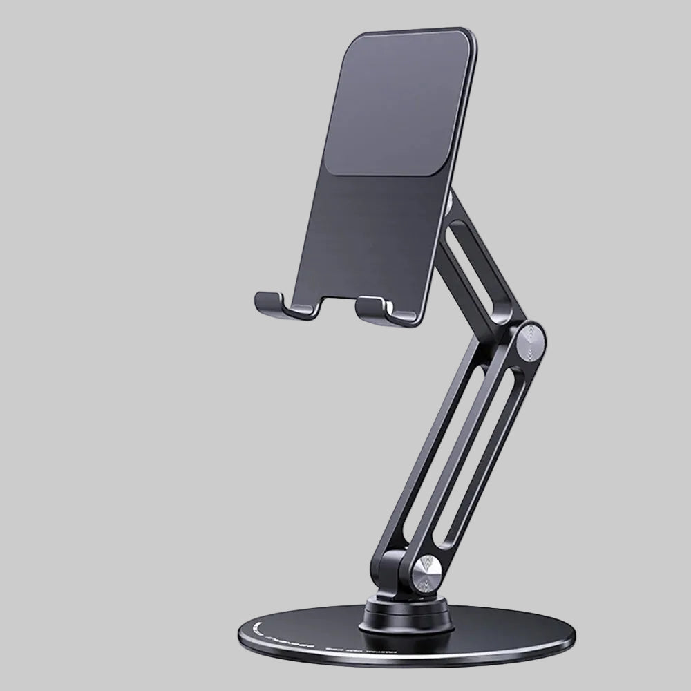 Black adjustable phone stand on a white background