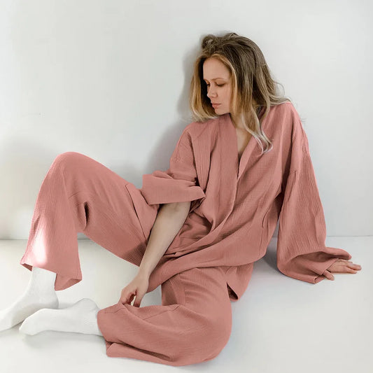 The Kinfolk Women's Kimono Home Luxury Sleepwear Set: Elevated Comfort in 100% Cotton Crepe