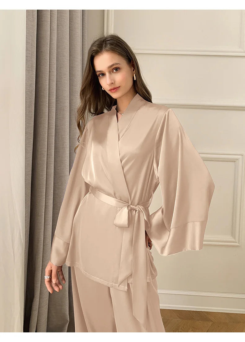 Women's Silky Satin Pyjama Set | Elegant Kimono Wrap Loungewear