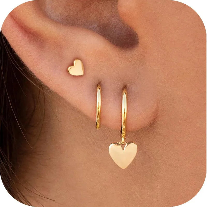 Heart Stud Hoop Earrings Set
