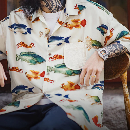 MADEN Deep Sea Retro Cuban Collar Short Sleeve Shirt