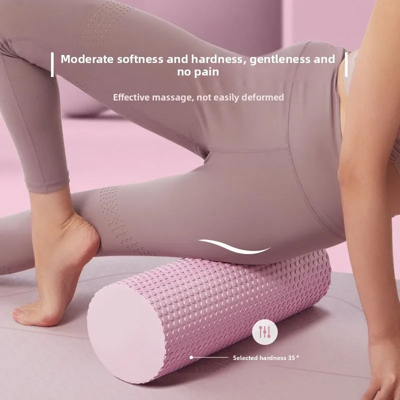 Person using a pink foam roller on a pink surface with text about its properties.