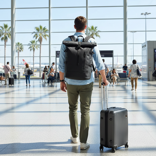 Man with a suitcase and backpack walking through an airport terminal.