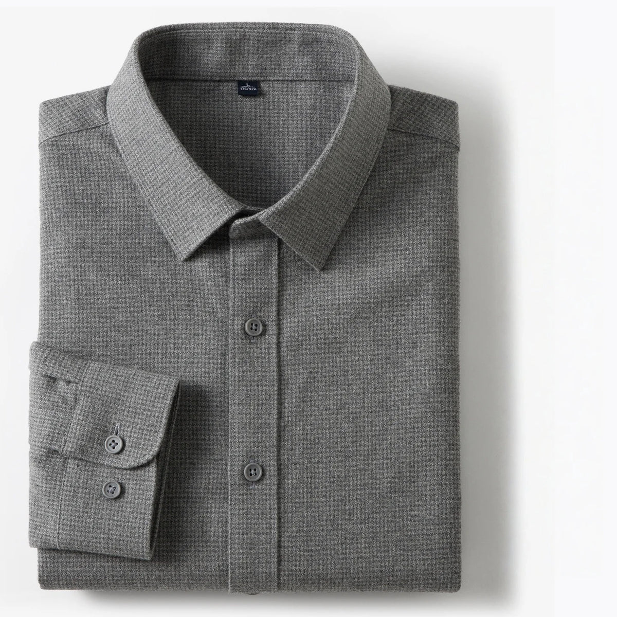 A folded gray textured long-sleeve dress shirt with a button-down front and a single cuff, shown on a clean white background.