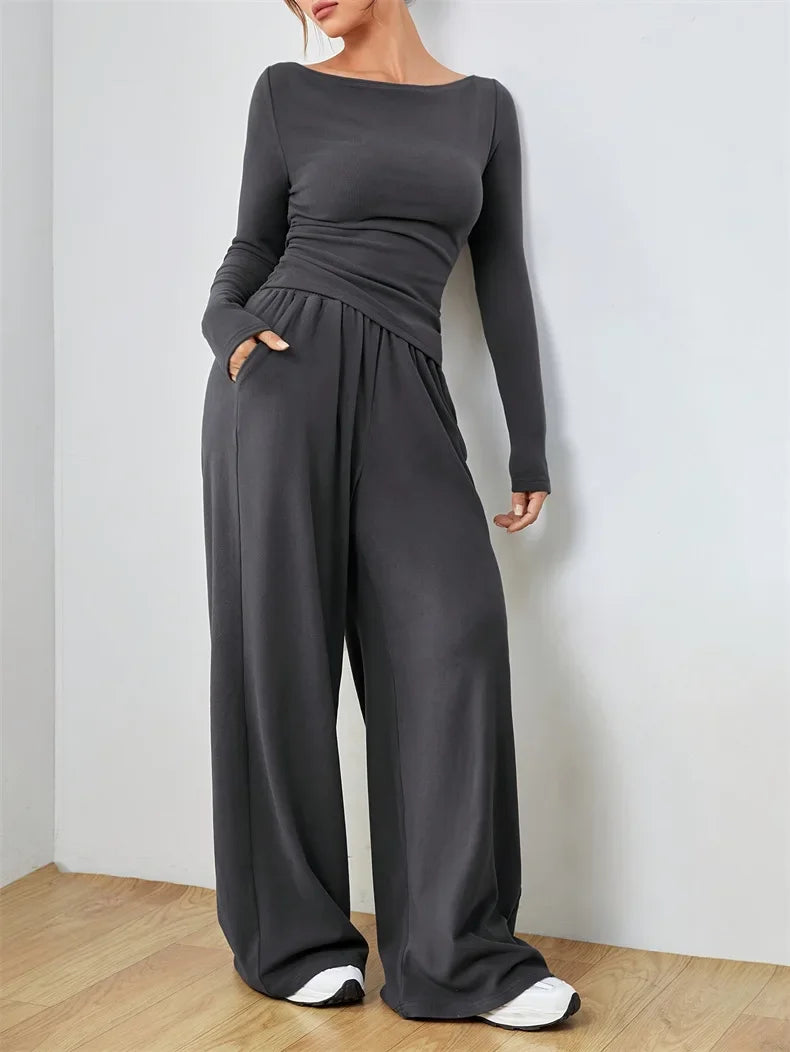 The Flow State Set: Effortless Chic Women's Two-Piece Wide-Leg Ensemble
