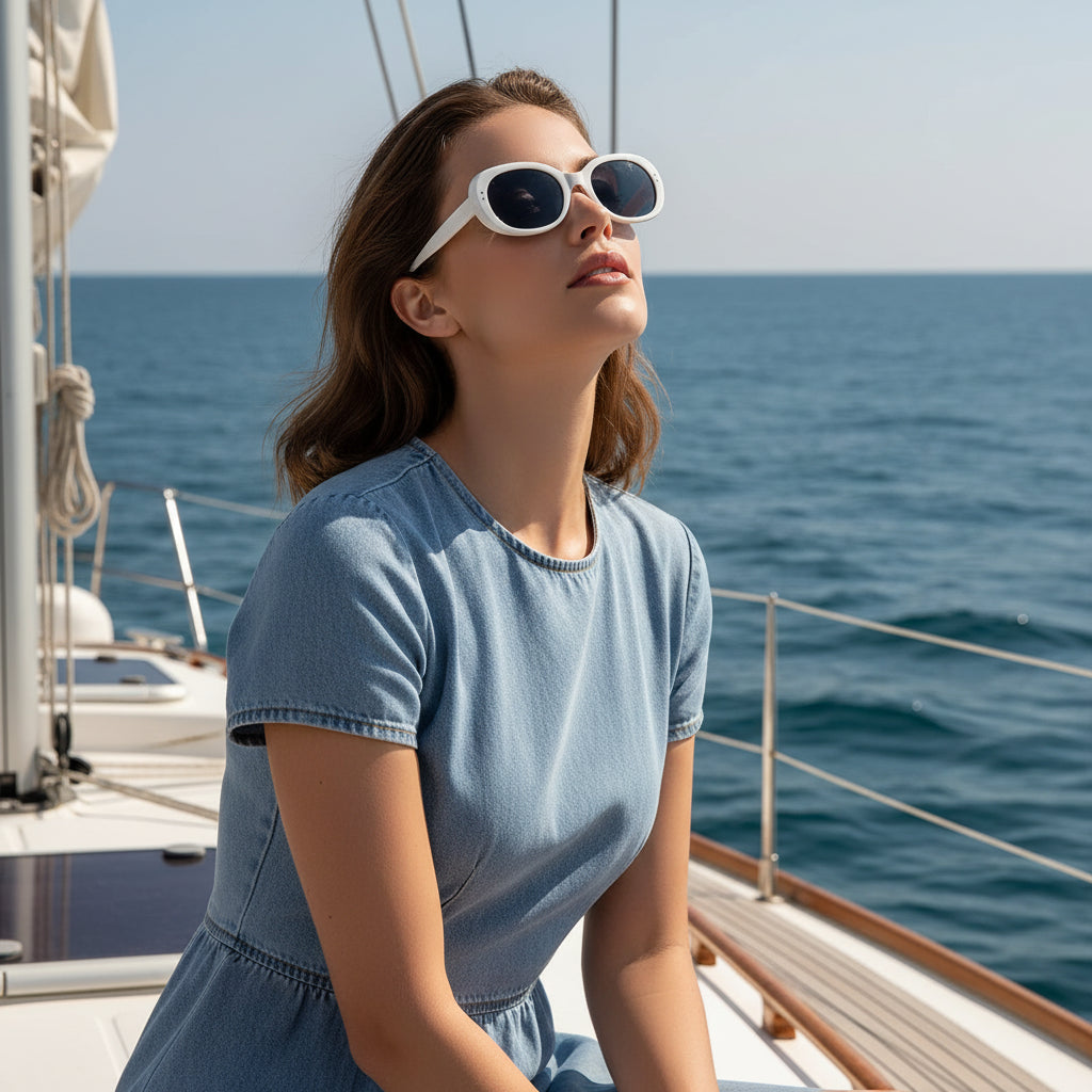 White oval sunglasses with dark lenses on a white background