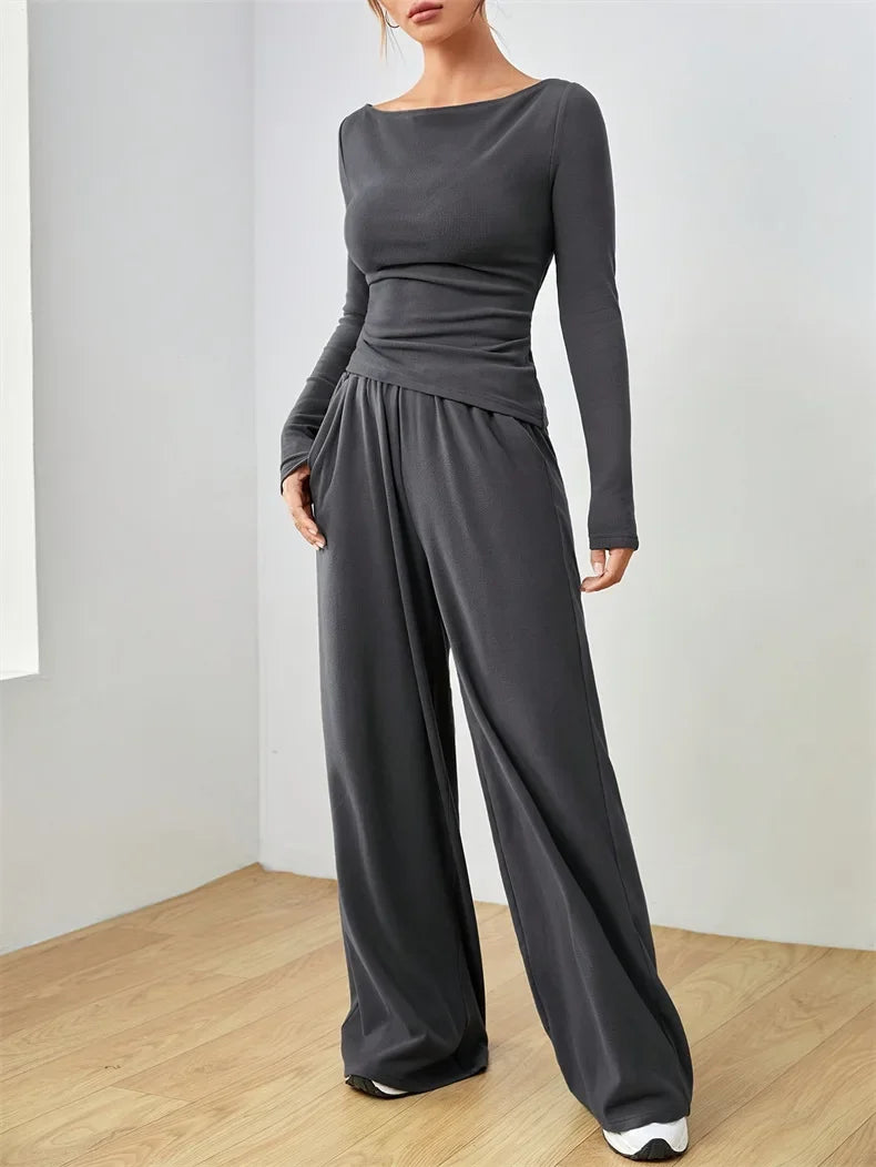 The Flow State Set: Effortless Chic Women's Two-Piece Wide-Leg Ensemble