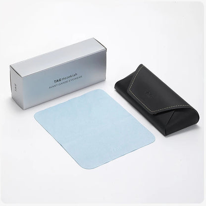 Packaging display with a black case, blue screen protector, and silver box on a white background.