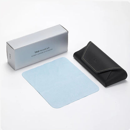 Packaging display with a black case, blue screen protector, and silver box on a white background.