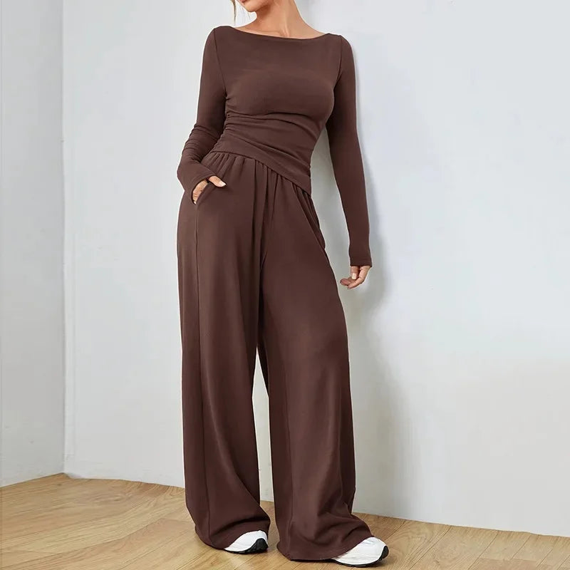 The Flow State Set: Effortless Chic Women's Two-Piece Wide-Leg Ensemble