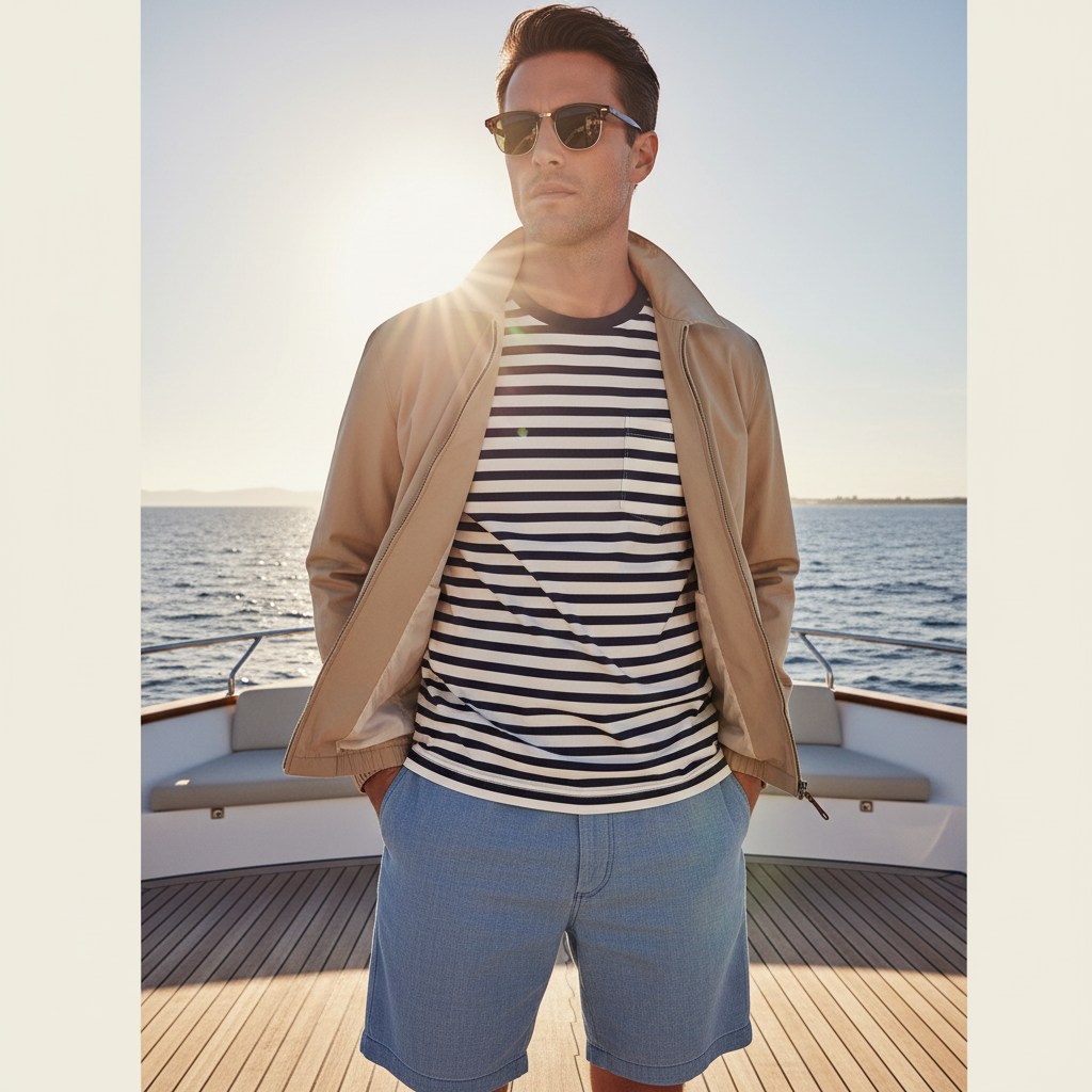 Man wearing a striped shirt and sunglasses on a boat deck with ocean view