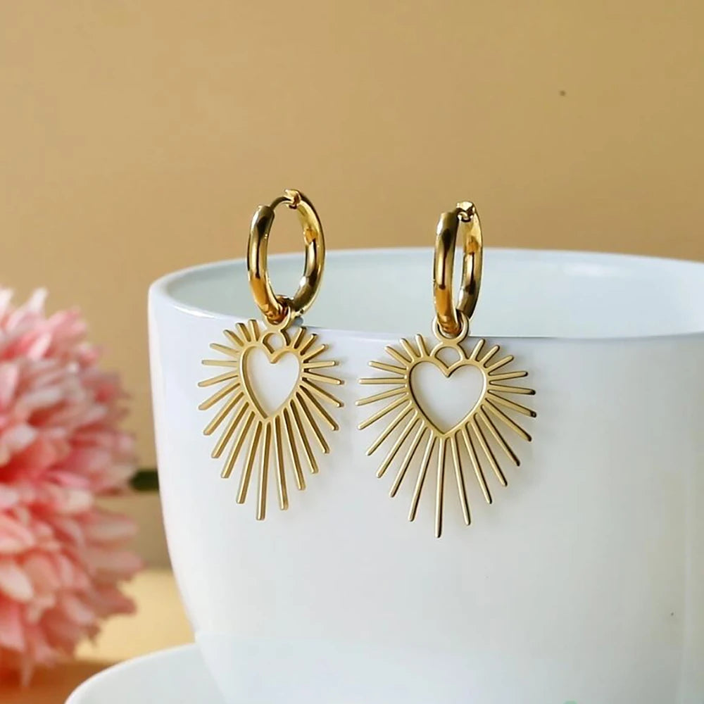 Geometric Heart Sun Pendant Drop Earrings