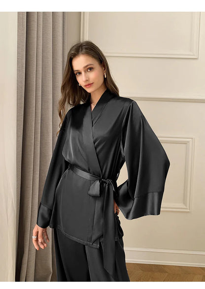 Women's Silky Satin Pyjama Set | Elegant Kimono Wrap Loungewear