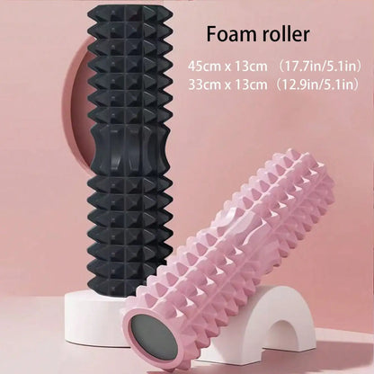 Two foam rollers, one black and one pink, on a pink background with text indicating dimensions.