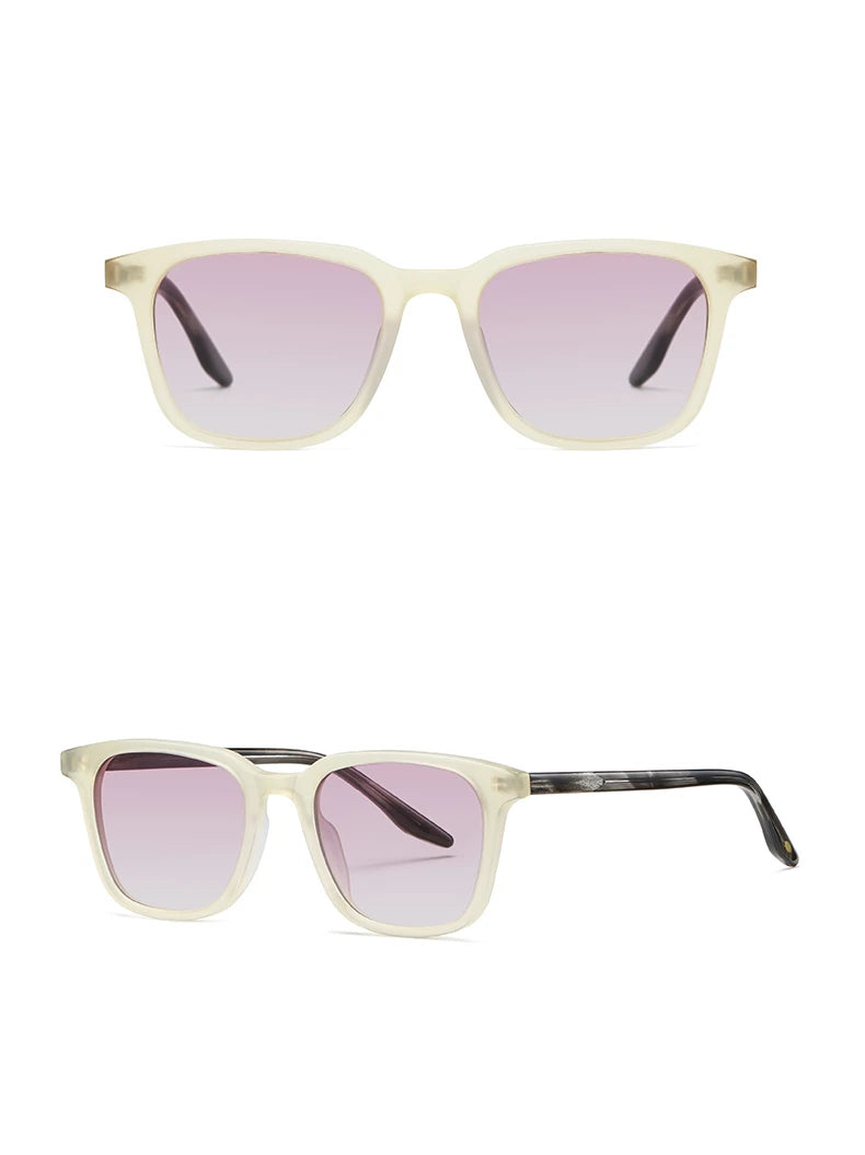 Beige frame sunglasses with gradient purple lenses on a white background