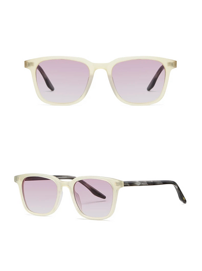 Beige frame sunglasses with gradient purple lenses on a white background