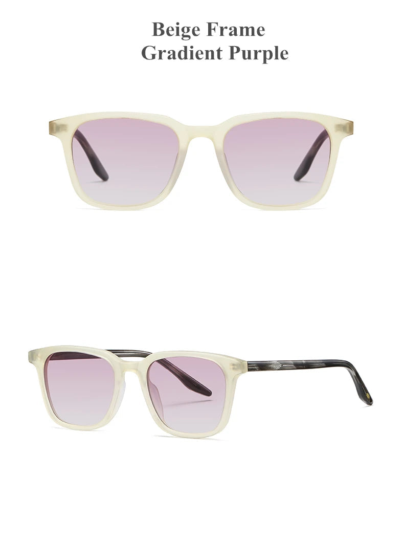 Beige frame sunglasses with gradient purple lenses on a white background