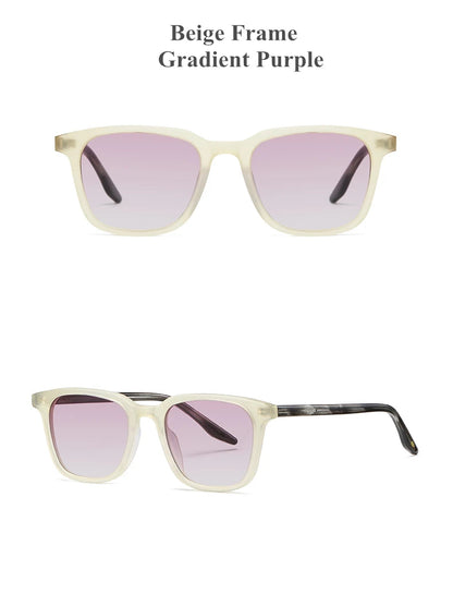Beige frame sunglasses with gradient purple lenses on a white background