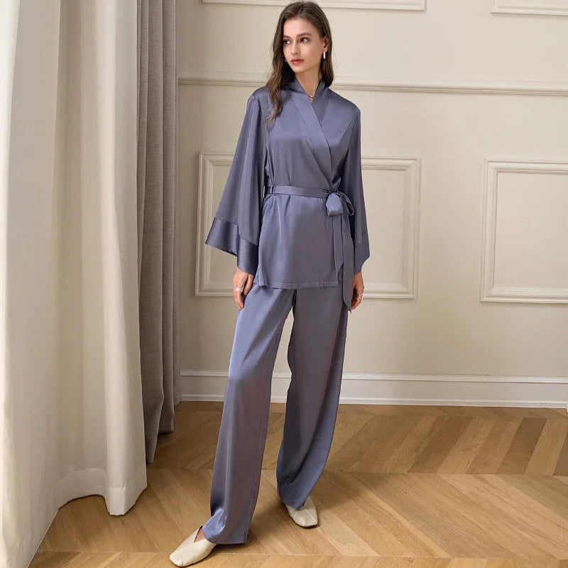 Women's Silky Satin Pyjama Set | Elegant Kimono Wrap Loungewear