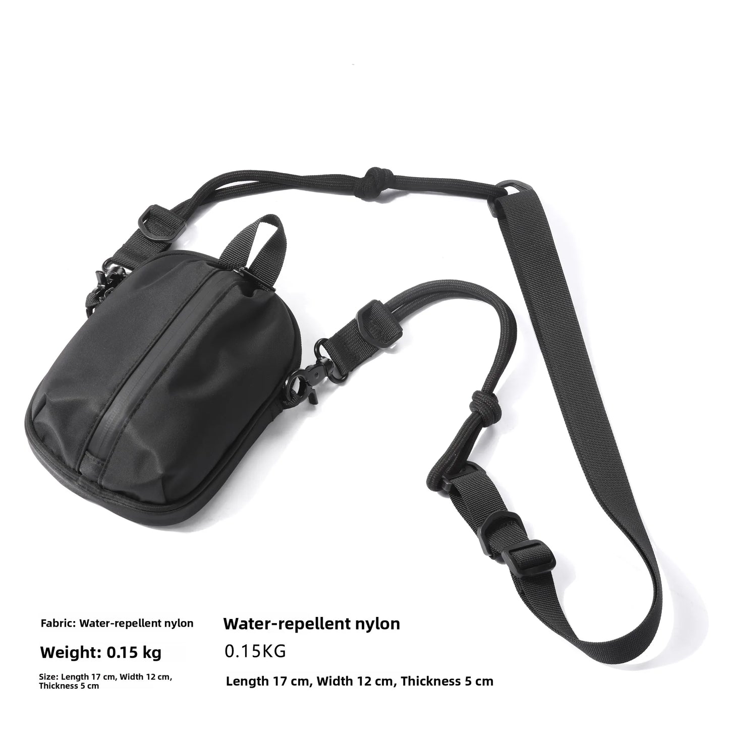 Black water-repellent nylon bag with strap on a white background