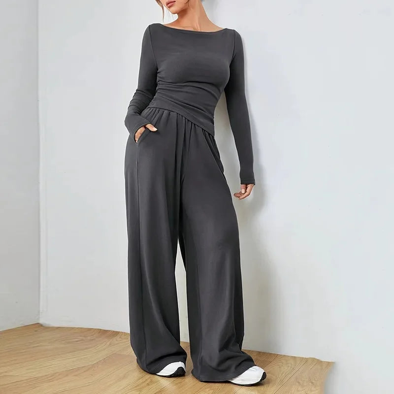 The Flow State Set: Effortless Chic Women's Two-Piece Wide-Leg Ensemble