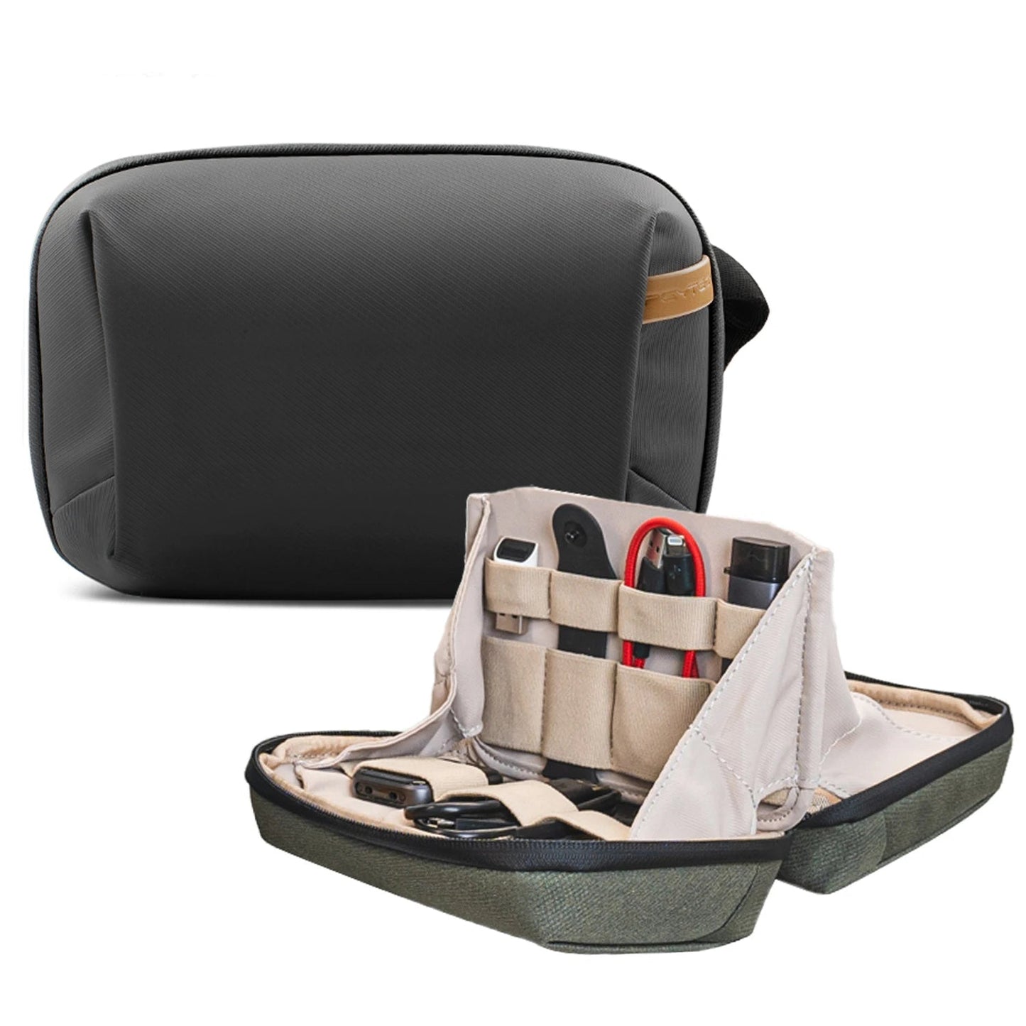Black and gray carrying case with open compartment showing organized items, branded 'PGYTECH'.