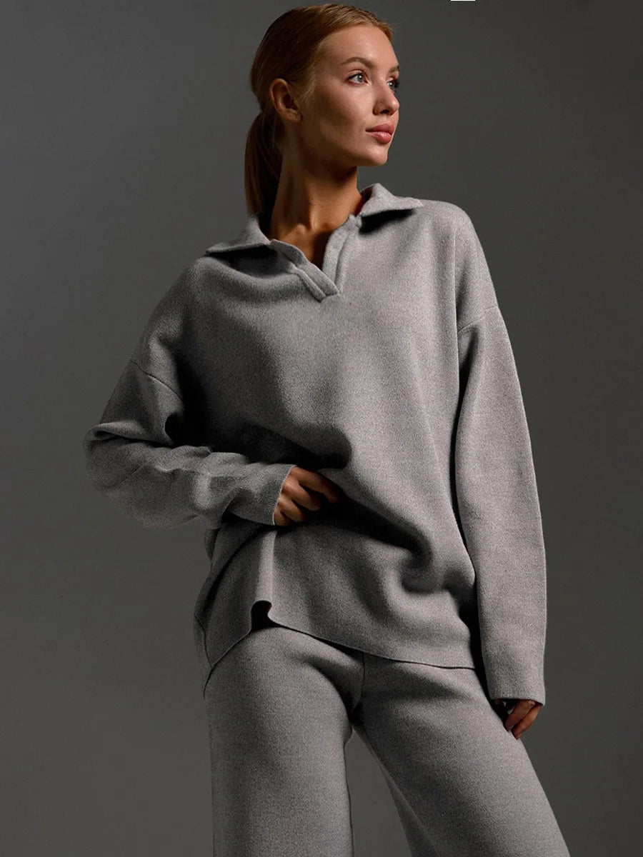 The Luxe Knit Co-Ord: Women's Polo Pullover & Wide Leg Pants Set