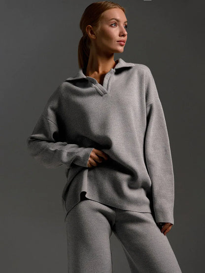 The Luxe Knit Co-Ord: Women's Polo Pullover & Wide Leg Pants Set