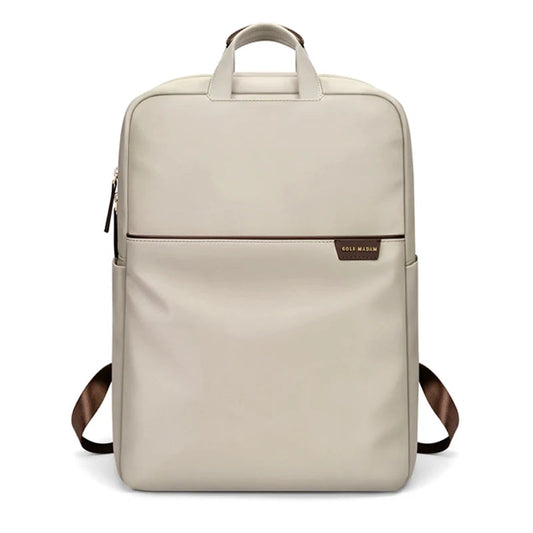 A light beige GOLF backpack with brown straps and a brown brand patch on the front, shown on a white background with the GOLF logo in the top left corner.