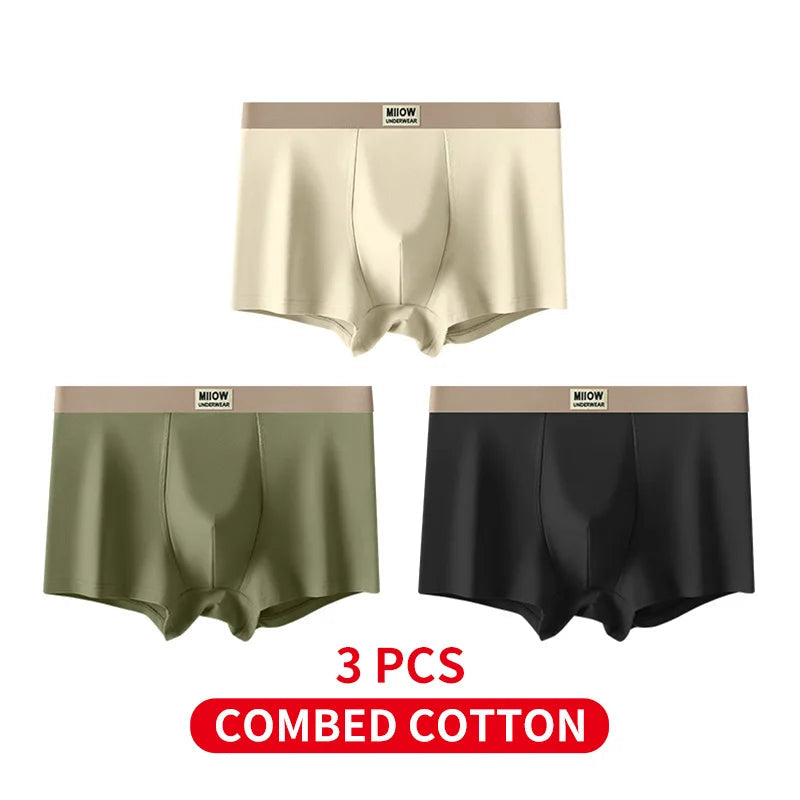 Three pairs of men's underwear in beige, green, and black with 'Miow' branding on a white background.