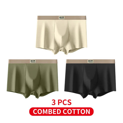 Three pairs of men's underwear in beige, green, and black with 'Miow' branding on a white background.