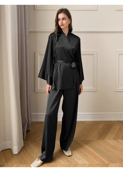 Women's Silky Satin Pyjama Set | Elegant Kimono Wrap Loungewear