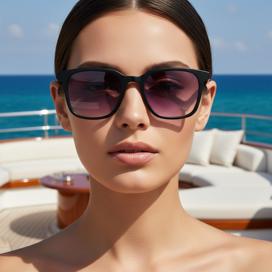 Woman wearing sunglasses with a scenic ocean view in the background
