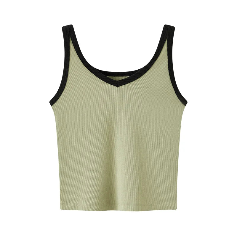 Light green tank top with black trim on a white background